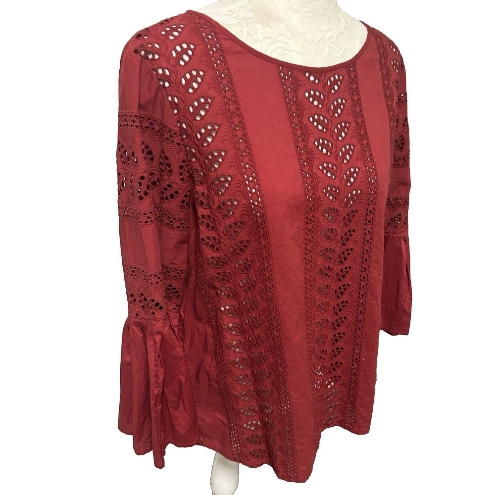 Express Red Eyelet Lace Cotton Top Sz L Bell Sleeves Romantic Cottage Holiday